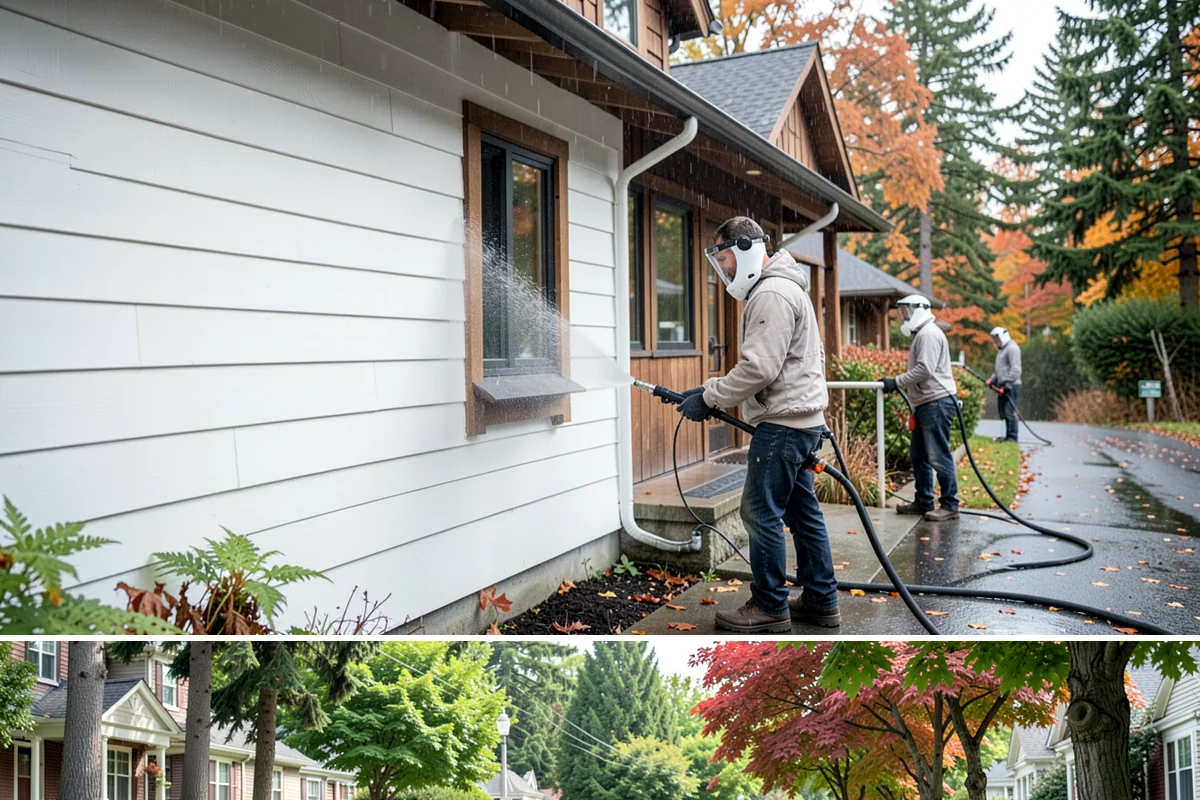 Column Cleaning in Beaux Arts Village, King County, WA - Wash columns in spring to strip the algae streaks that develop through months of Northwest rain.