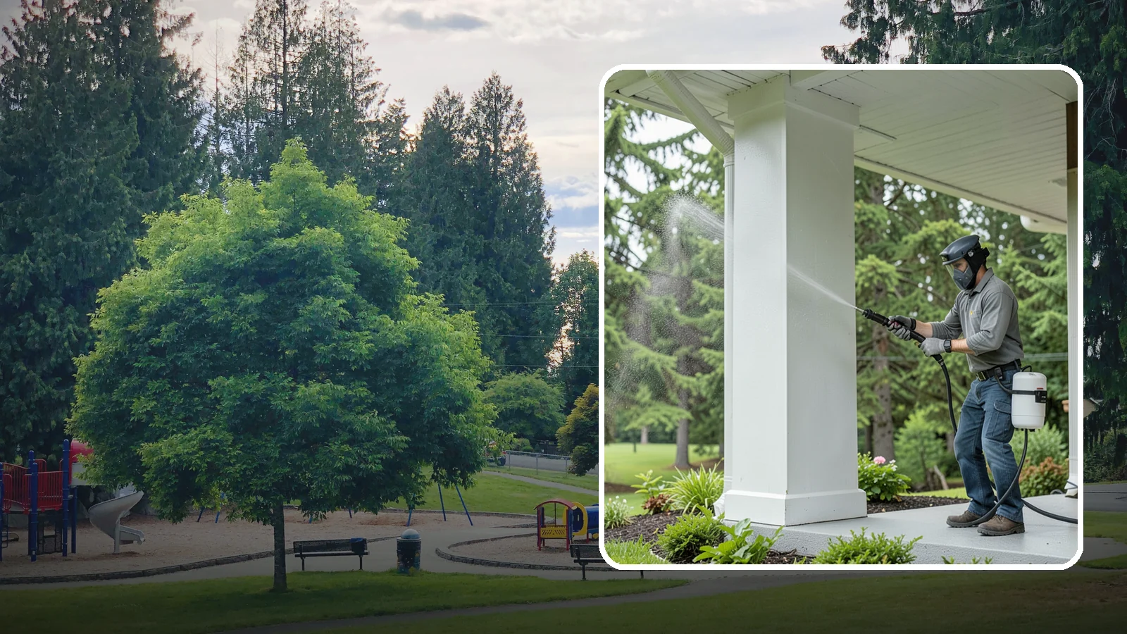 Column Cleaning in Bonney Lake, Pierce County, WA - We soft wash exterior columns to remove the algae streaks and grime that climb their shaded, weather-exposed surfaces.