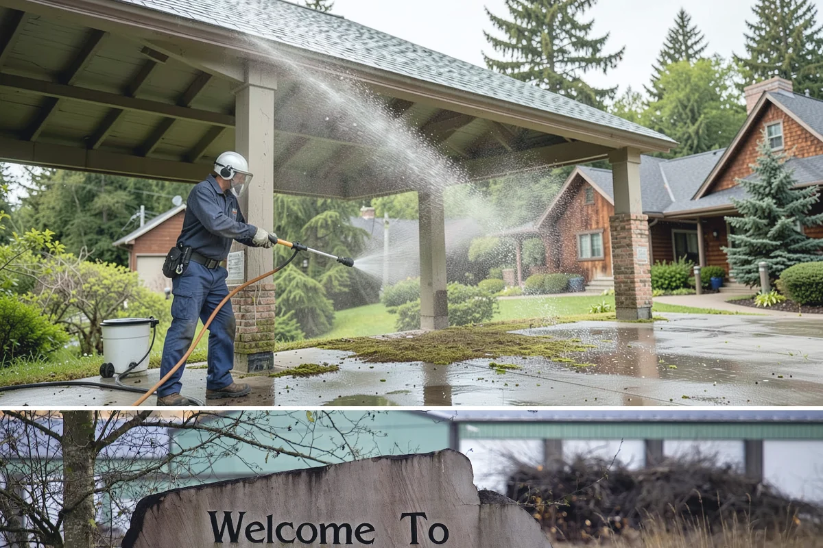 Column Cleaning in Buckley, Pierce County, WA - Wash columns in spring to strip the algae streaks that develop through months of Northwest rain.
