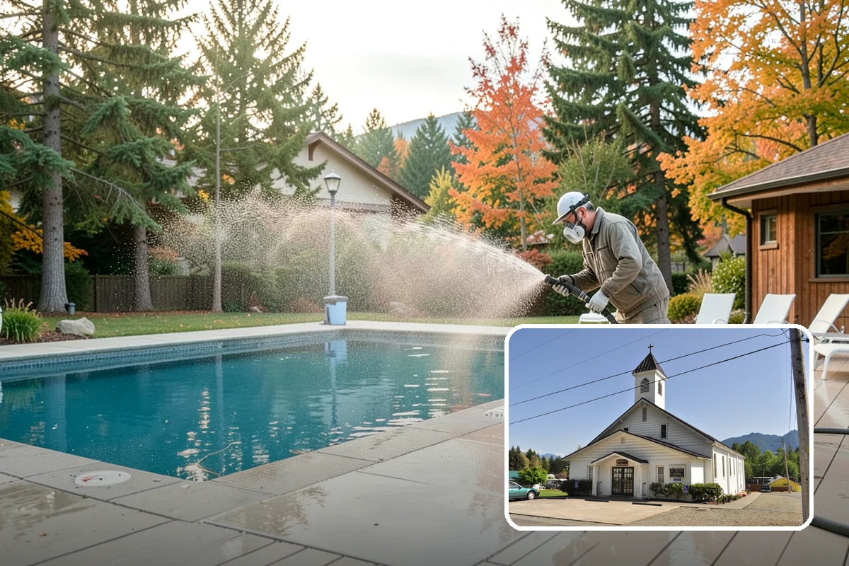 Column Cleaning in Concrete, Skagit County, WA - Removes vertical algae and rain streaking from column faces