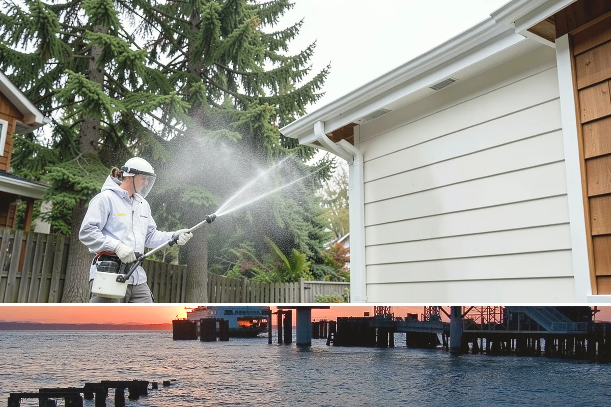 Column Cleaning in Edmonds, Snohomish County, WA - Wash columns in spring to strip the algae streaks that develop through months of Northwest rain.