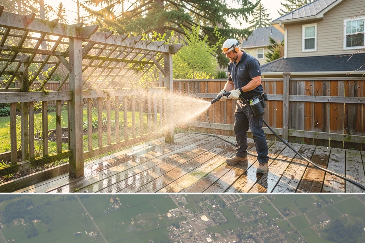 Column Cleaning in Enumclaw, King County, WA - Wash columns in spring to strip the algae streaks that develop through months of Northwest rain.