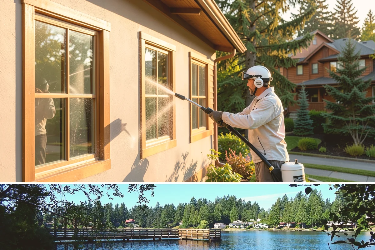 Column Cleaning in Federal Way, King County, WA - Wash columns in spring to strip the algae streaks that develop through months of Northwest rain.