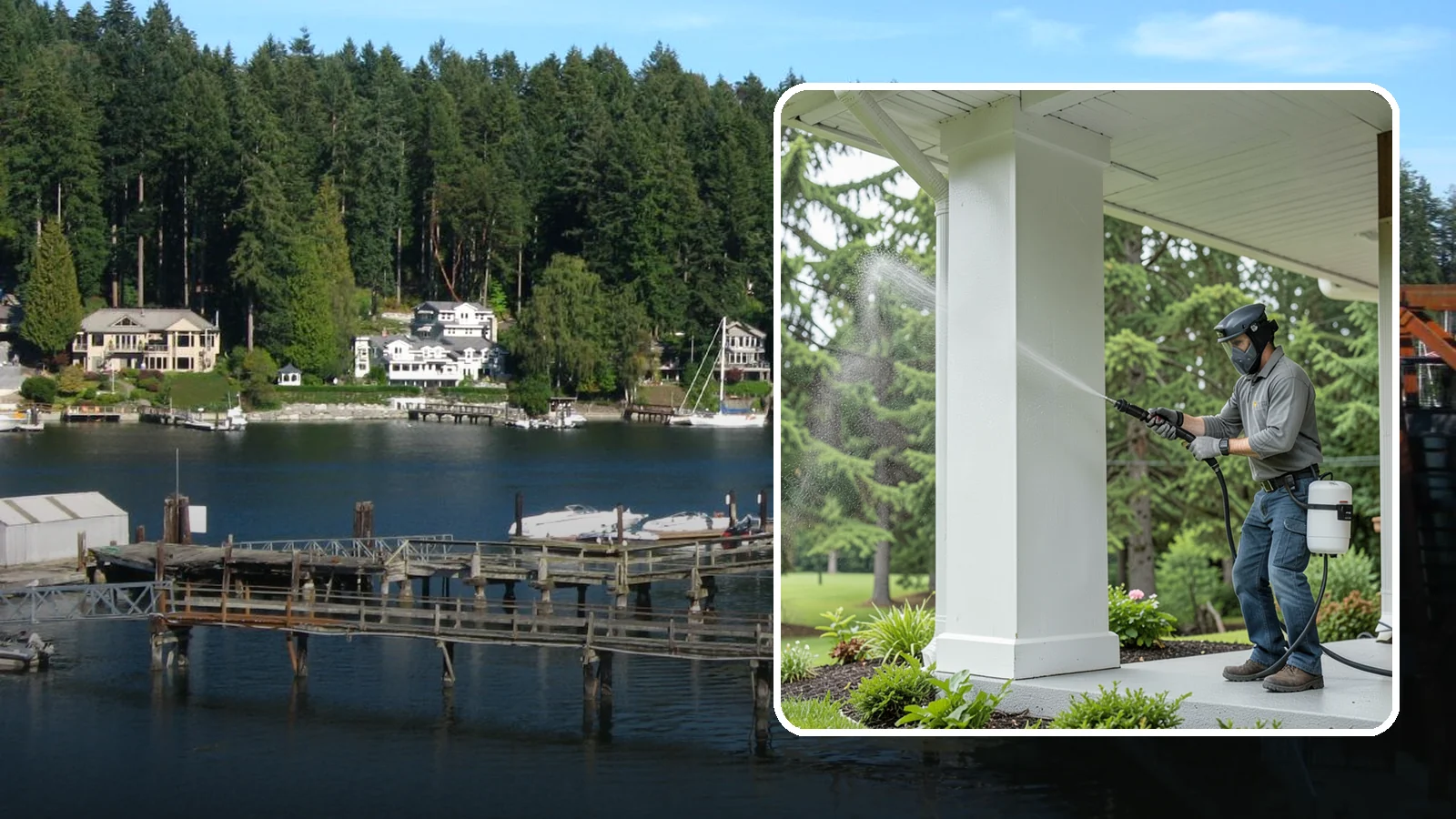 Column Cleaning in Gig Harbor, Pierce County, WA - We soft wash exterior columns to remove the algae streaks and grime that climb their shaded, weather-exposed surfaces.
