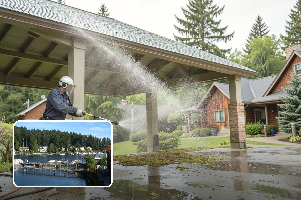 Column Cleaning in Gig Harbor, Pierce County, WA - Removes vertical algae and rain streaking from column faces