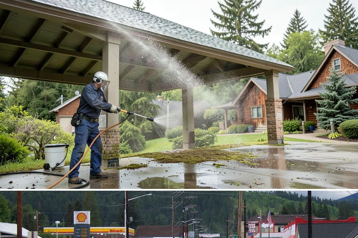 Column Cleaning in Granite Falls, Snohomish County, WA - Wash columns in spring to strip the algae streaks that develop through months of Northwest rain.