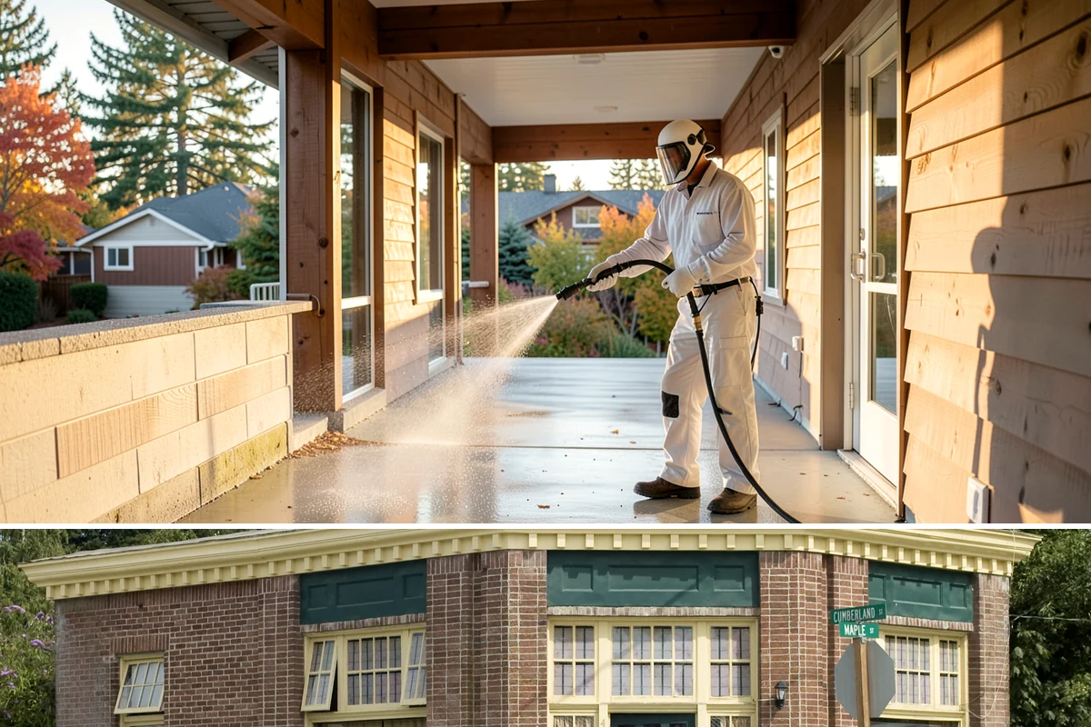 Column Cleaning in Hamilton, Skagit County, WA - Wash columns in spring to strip the algae streaks that develop through months of Northwest rain.