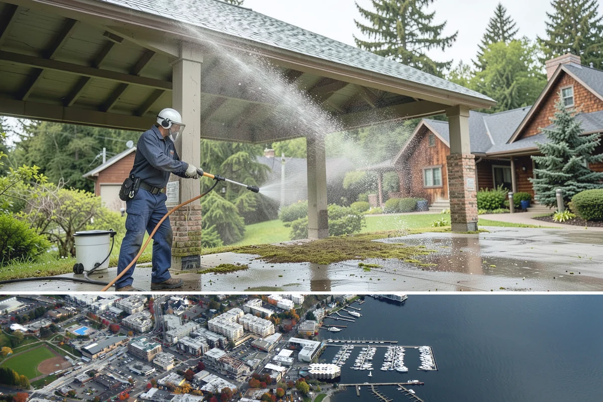 Column Cleaning in Kirkland, King County, WA - Wash columns in spring to strip the algae streaks that develop through months of Northwest rain.