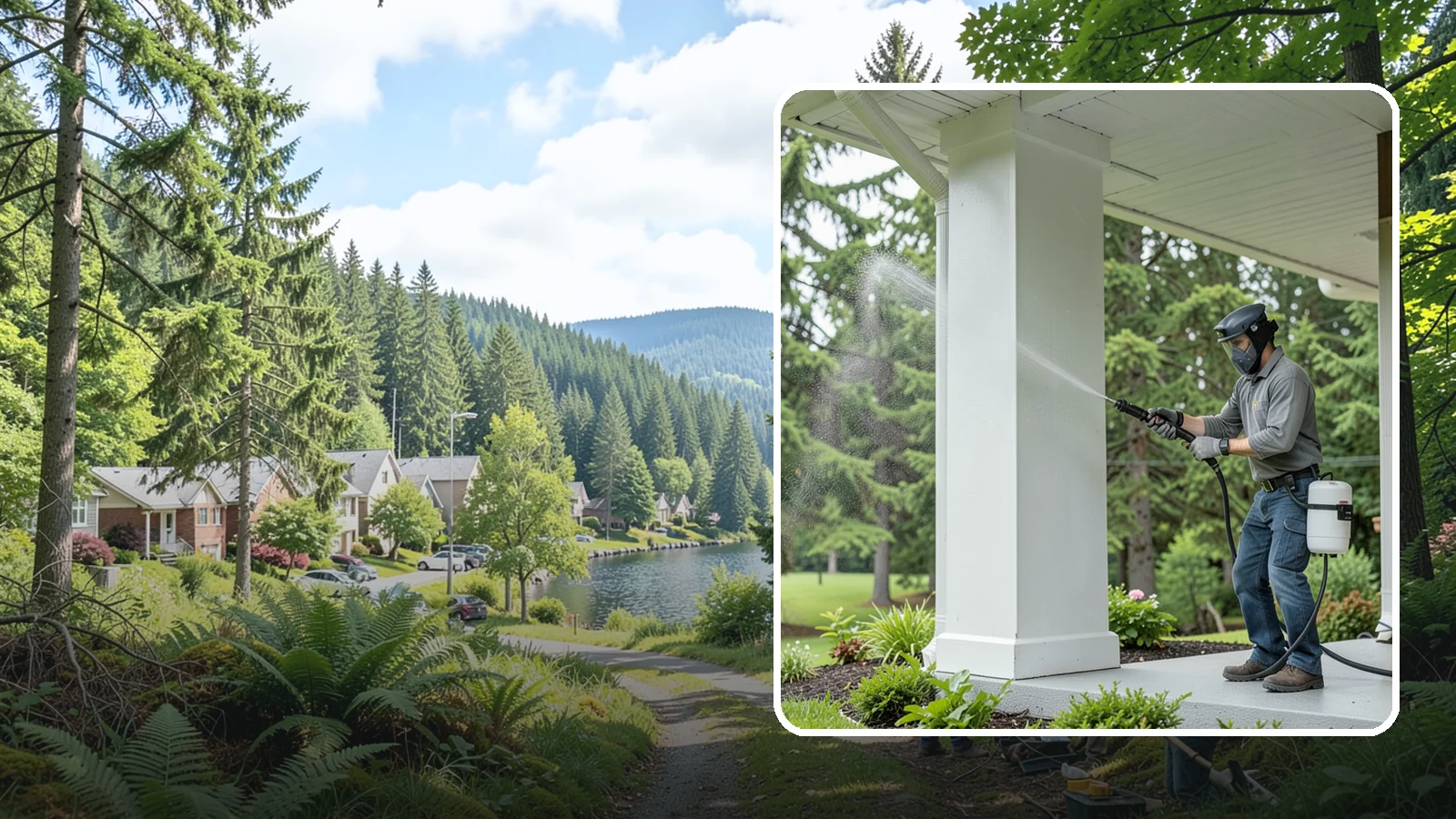 Column Cleaning in Lake Forest Park, King County, WA - We soft wash exterior columns to remove the algae streaks and grime that climb their shaded, weather-exposed surfaces.