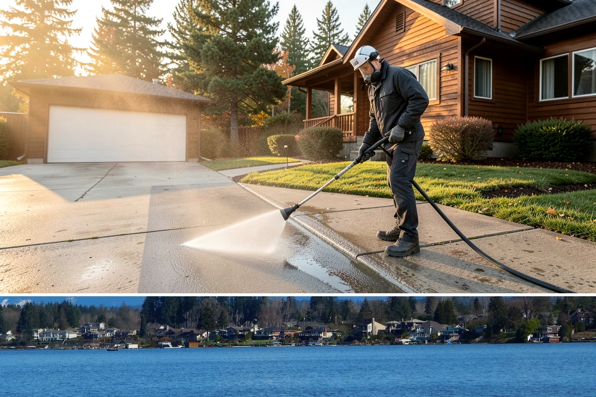 Column Cleaning in Lake Stevens, Snohomish County, WA - Wash columns in spring to strip the algae streaks that develop through months of Northwest rain.