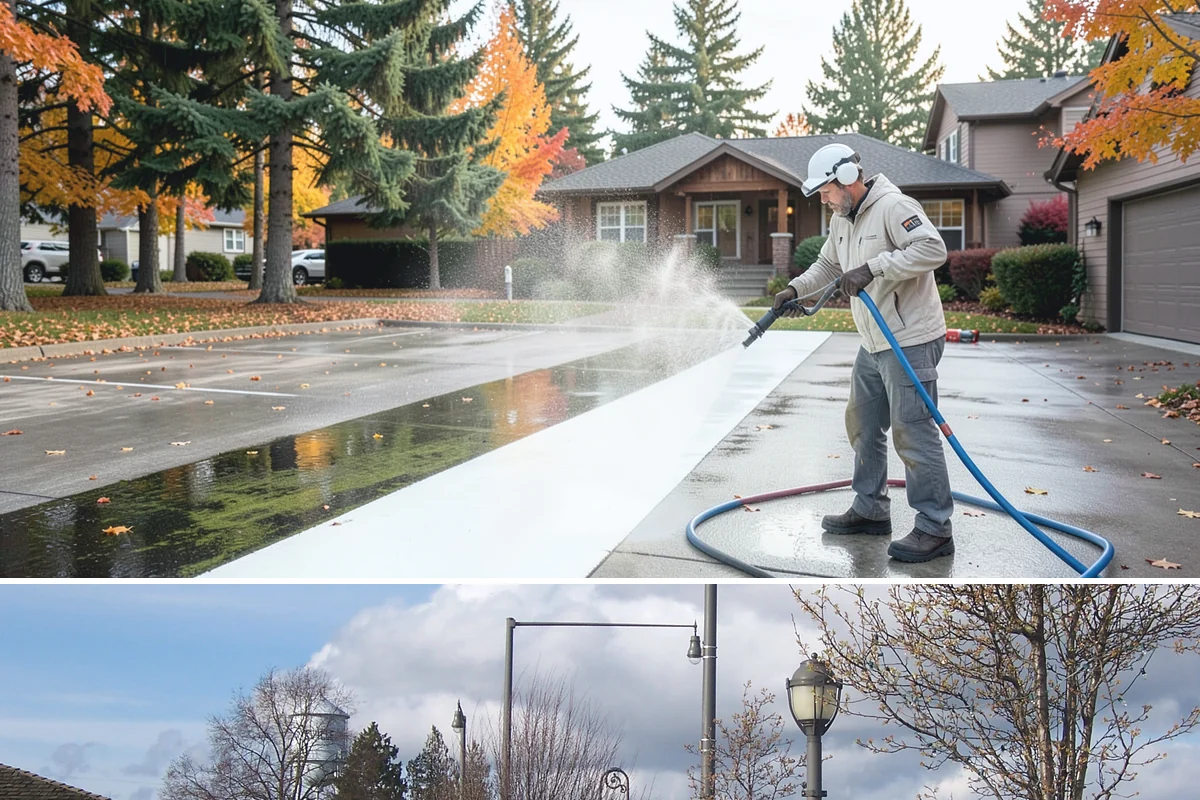 Column Cleaning in Marysville, Snohomish County, WA - Wash columns in spring to strip the algae streaks that develop through months of Northwest rain.