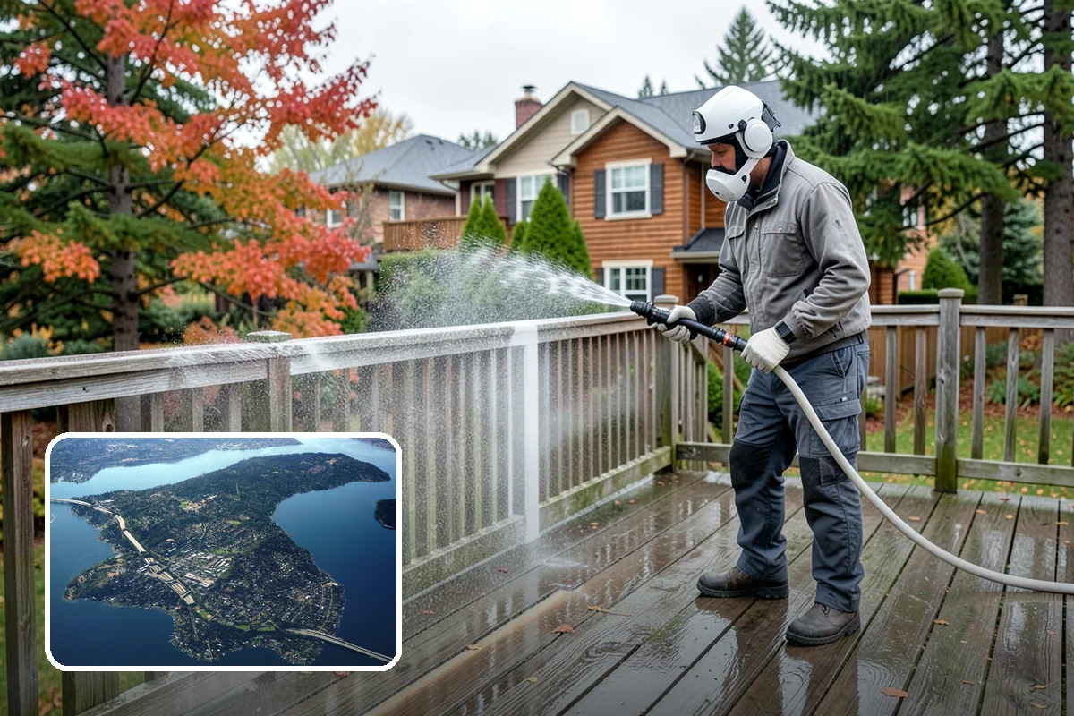 Column Cleaning in Mercer Island, King County, WA - Removes vertical algae and rain streaking from column faces