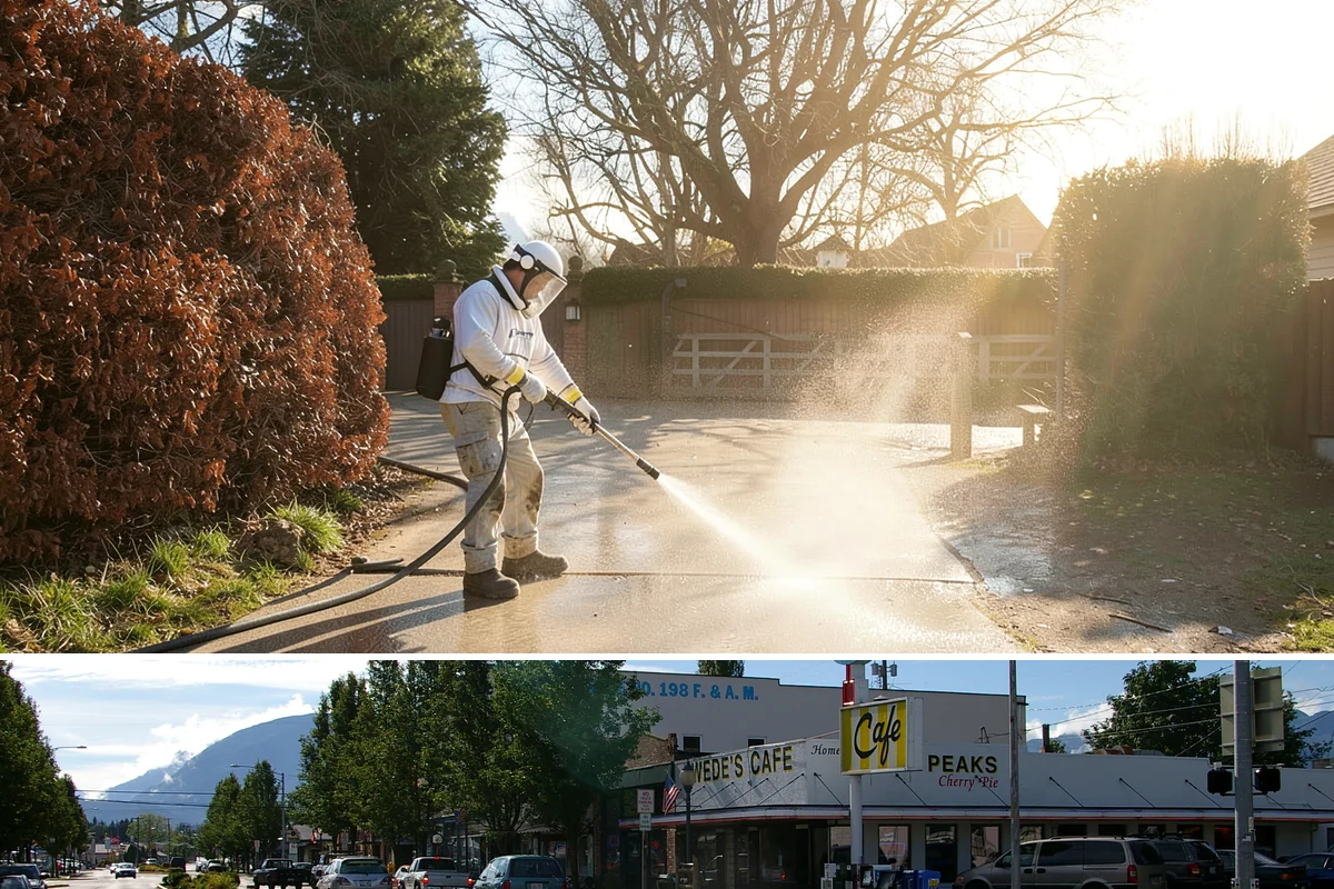 Column Cleaning in North Bend, King County, WA - Wash columns in spring to strip the algae streaks that develop through months of Northwest rain.