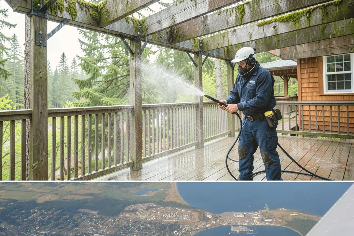 Column Cleaning in Oak Harbor, Island County, WA - Wash columns in spring to strip the algae streaks that develop through months of Northwest rain.