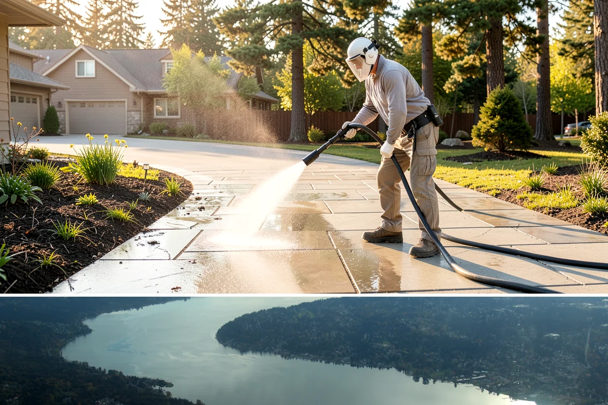 Column Cleaning in Sammamish, King County, WA - Wash columns in spring to strip the algae streaks that develop through months of Northwest rain.