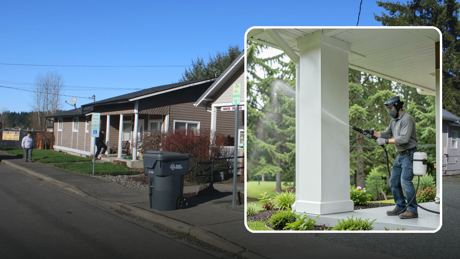 Column Cleaning in South Prairie, Pierce County, WA - We soft wash exterior columns to remove the algae streaks and grime that climb their shaded, weather-exposed surfaces.