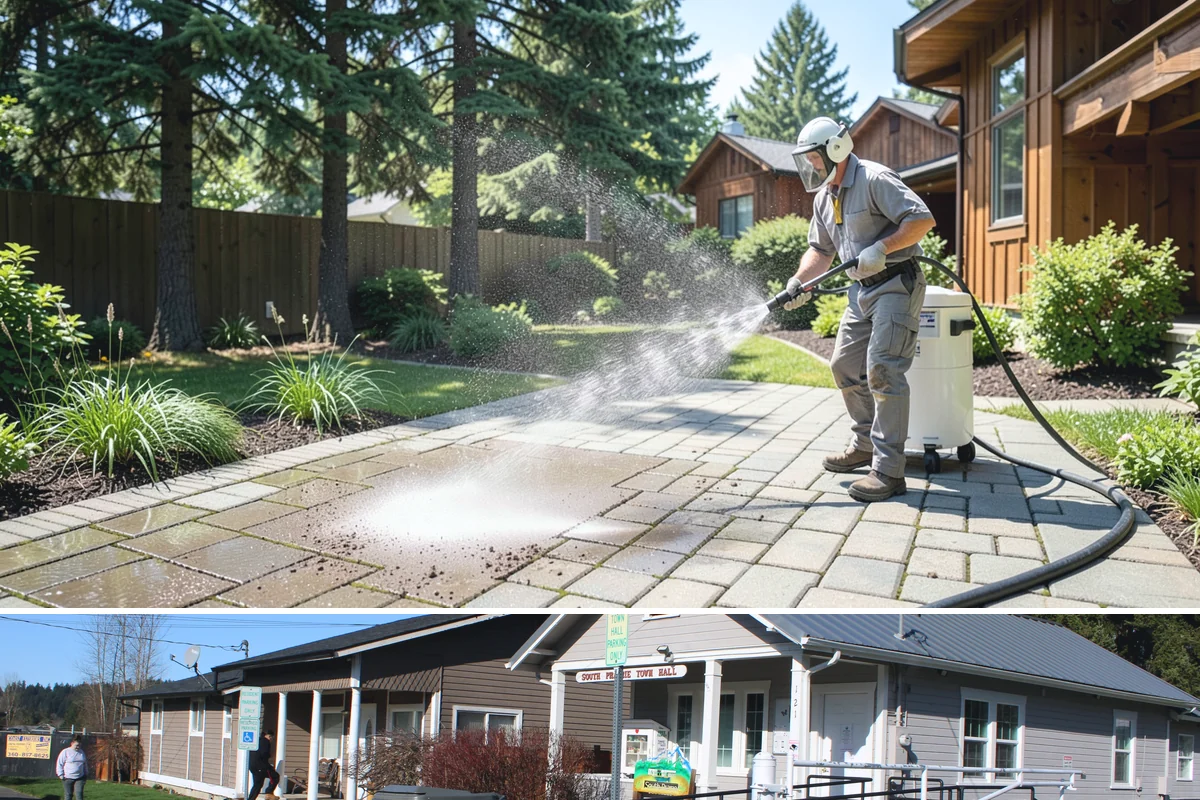 Column Cleaning in South Prairie, Pierce County, WA - Wash columns in spring to strip the algae streaks that develop through months of Northwest rain.