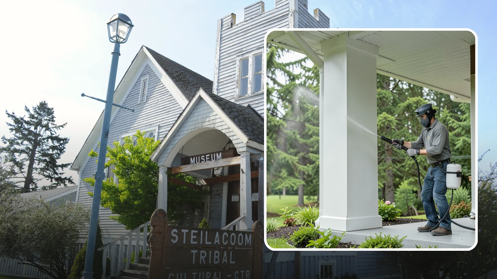 Column Cleaning in Steilacoom, Pierce County, WA - We soft wash exterior columns to remove the algae streaks and grime that climb their shaded, weather-exposed surfaces.