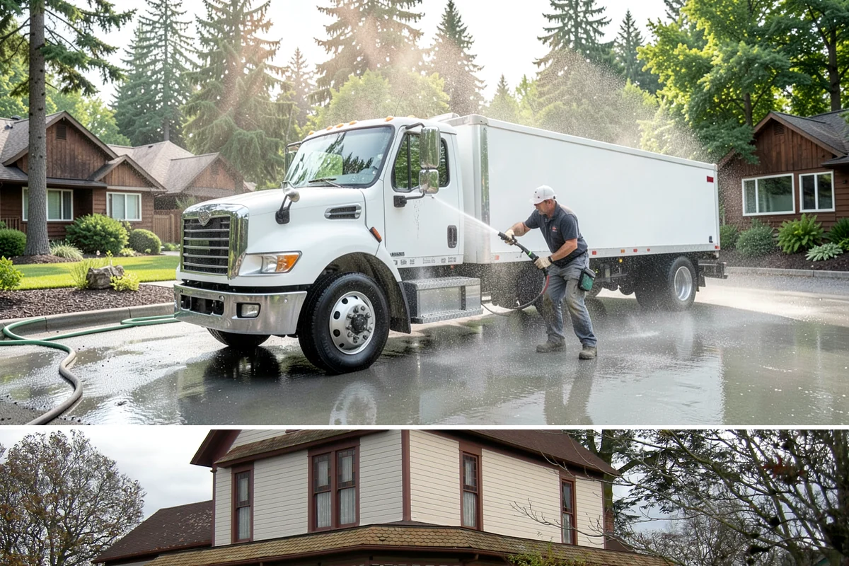 Column Cleaning in Sumner, Pierce County, WA - Wash columns in spring to strip the algae streaks that develop through months of Northwest rain.