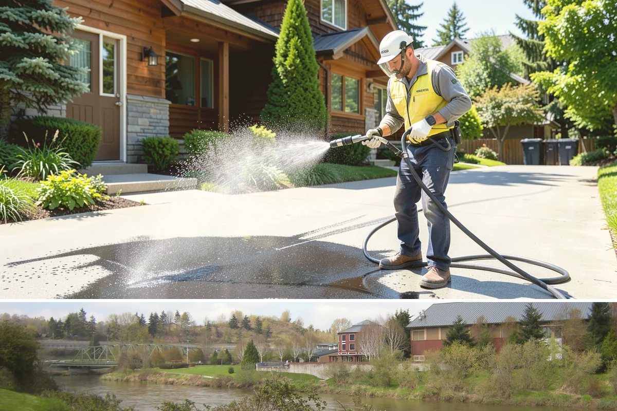Column Cleaning in Tukwila, King County, WA - Wash columns in spring to strip the algae streaks that develop through months of Northwest rain.