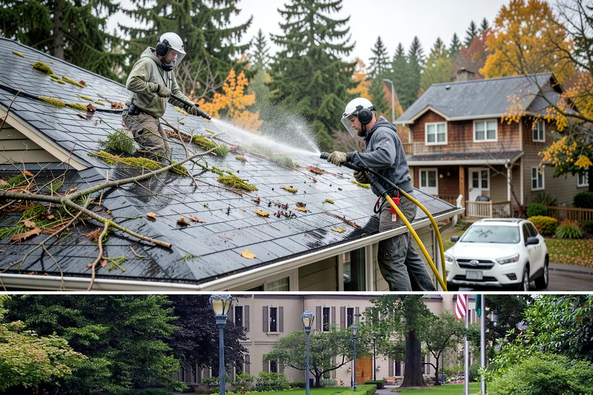 Column Cleaning in Woodinville, King County, WA - Wash columns in spring to strip the algae streaks that develop through months of Northwest rain.