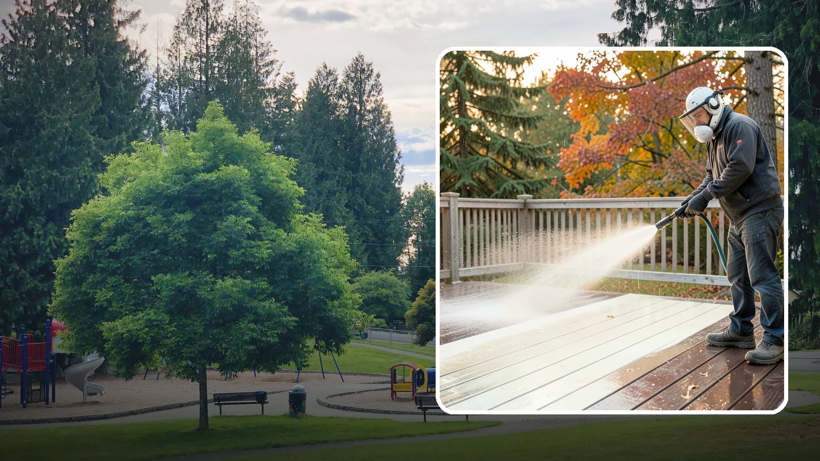 Composite Deck Cleaning in Bonney Lake, Pierce County, WA - Clean composite decking to clear the mold and algae that even Trex-style boards grow in the Northwest.