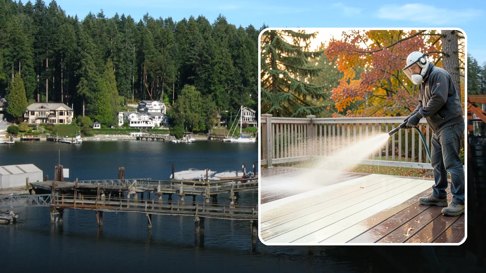 Composite Deck Cleaning in Gig Harbor, Pierce County, WA - Clean composite decking to clear the mold and algae that even Trex-style boards grow in the Northwest.