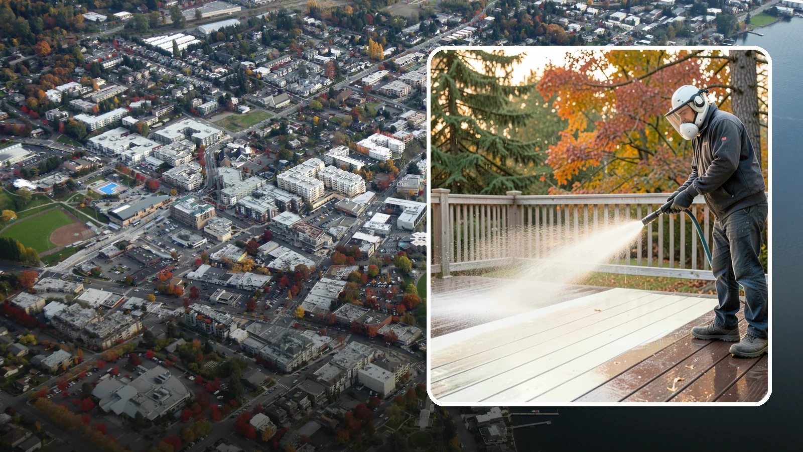 Composite Deck Cleaning in Kirkland, King County, WA - Clean composite decking to clear the mold and algae that even Trex-style boards grow in the Northwest.