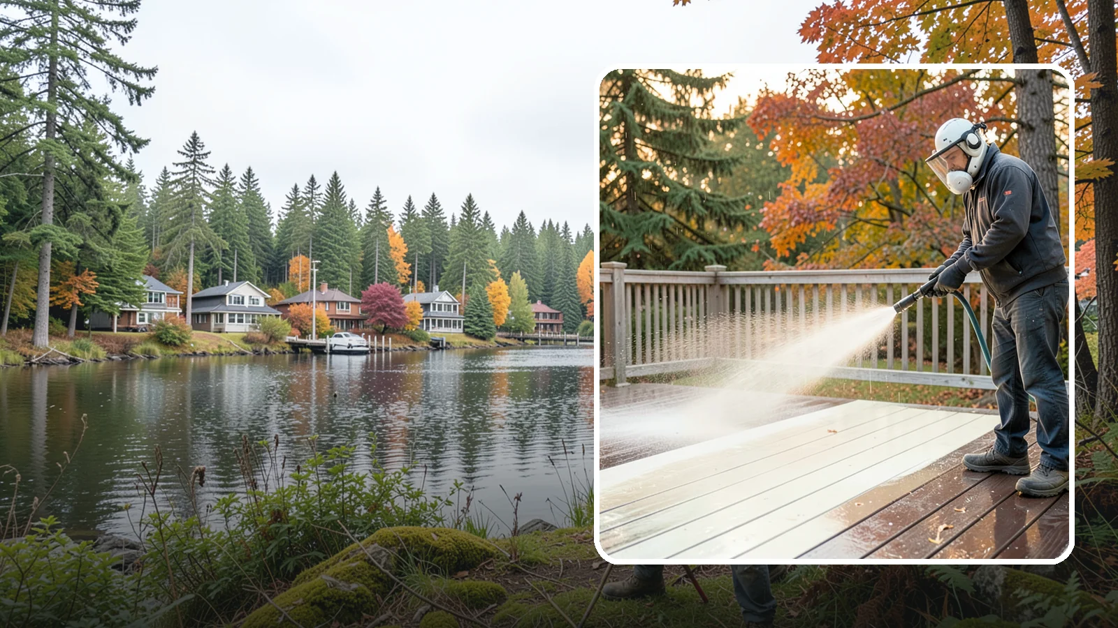 Composite Deck Cleaning in La Conner, Skagit County, WA - Clean composite decking to clear the mold and algae that even Trex-style boards grow in the Northwest.