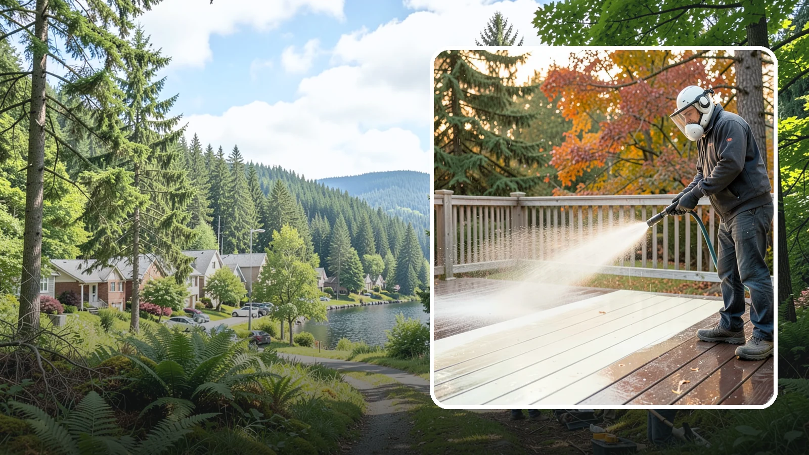 Composite Deck Cleaning in Lake Forest Park, King County, WA - Clean composite decking to clear the mold and algae that even Trex-style boards grow in the Northwest.