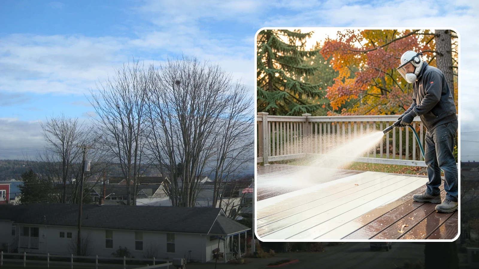 Composite Deck Cleaning in Langley, Island County, WA - Clean composite decking to clear the mold and algae that even Trex-style boards grow in the Northwest.