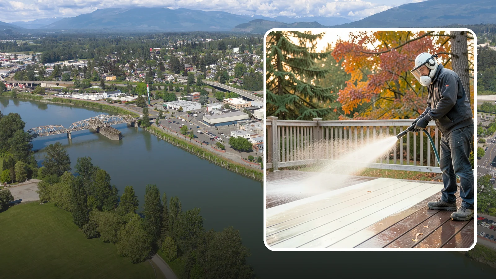 Composite Deck Cleaning in Mount Vernon, Skagit County, WA - Clean composite decking to clear the mold and algae that even Trex-style boards grow in the Northwest.