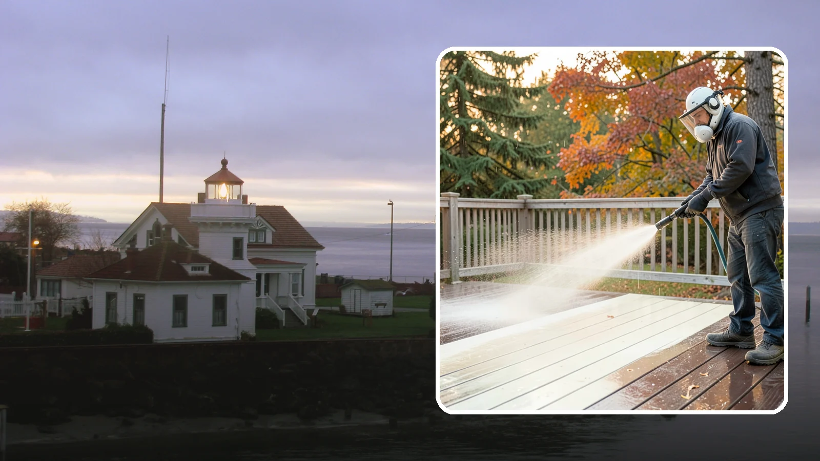 Composite Deck Cleaning in Mukilteo, Snohomish County, WA - Clean composite decking to clear the mold and algae that even Trex-style boards grow in the Northwest.