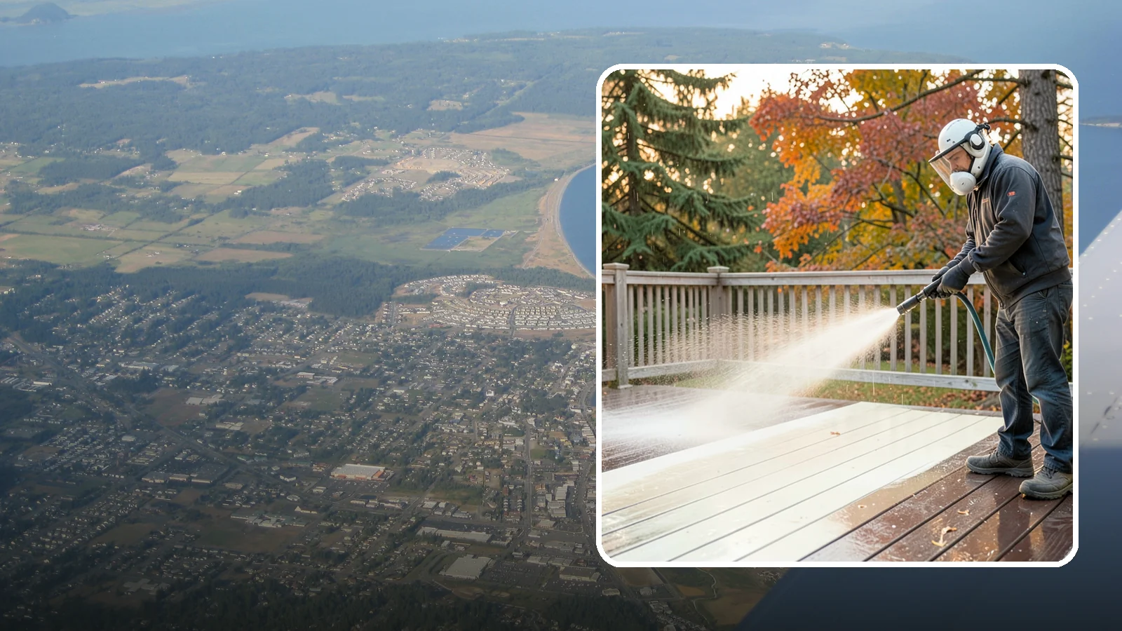 Composite Deck Cleaning in Oak Harbor, Island County, WA - Clean composite decking to clear the mold and algae that even Trex-style boards grow in the Northwest.