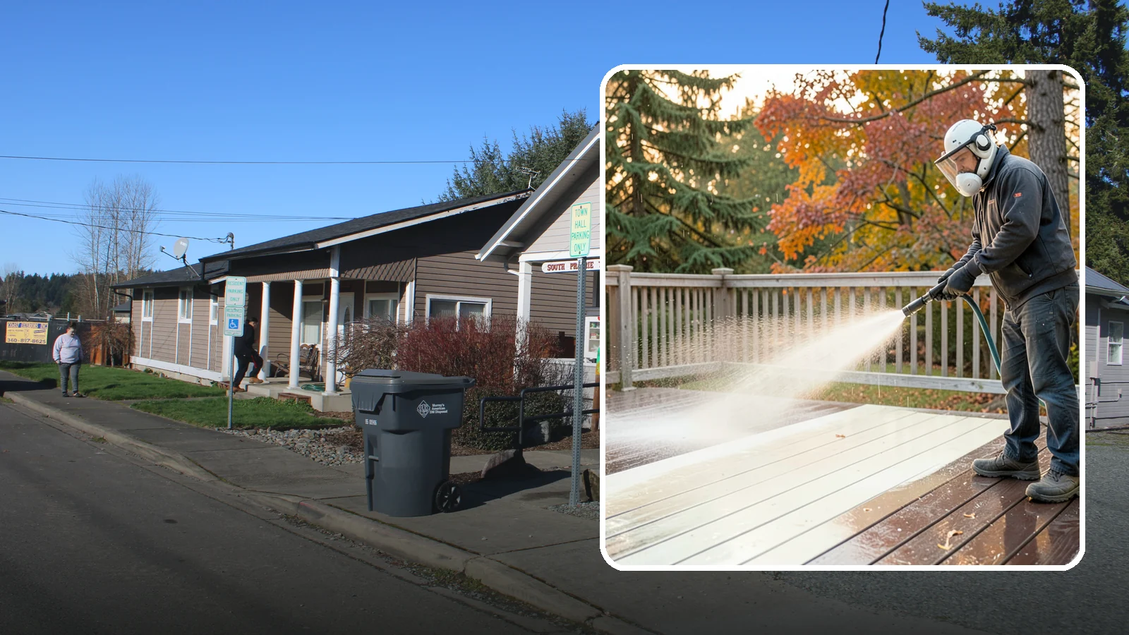 Composite Deck Cleaning in South Prairie, Pierce County, WA - Clean composite decking to clear the mold and algae that even Trex-style boards grow in the Northwest.