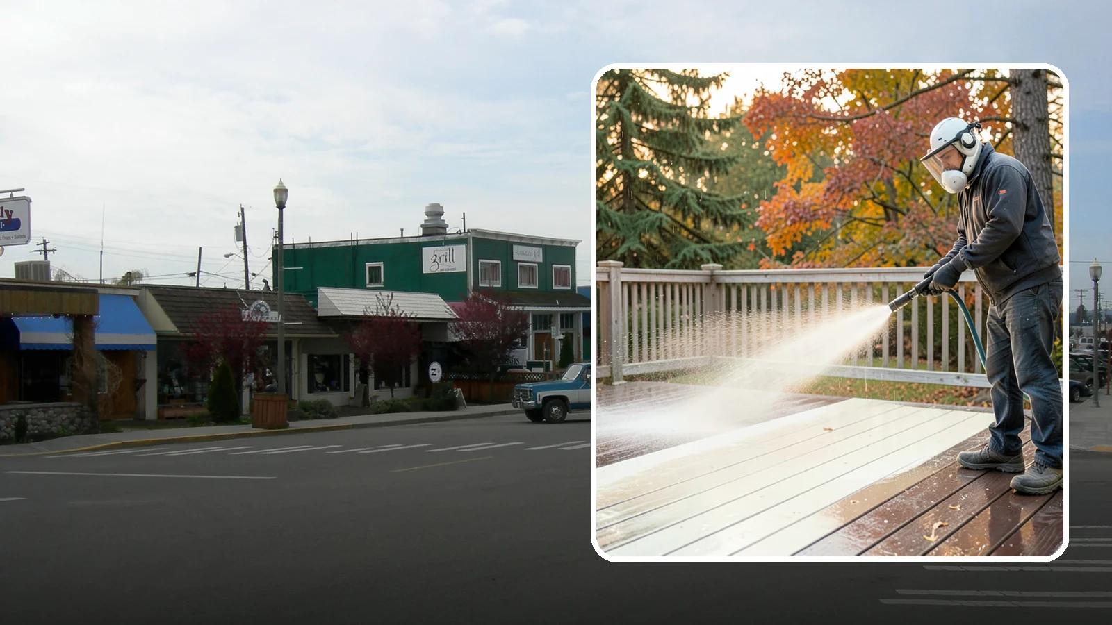Composite Deck Cleaning in Stanwood, Snohomish County, WA - Clean composite decking to clear the mold and algae that even Trex-style boards grow in the Northwest.