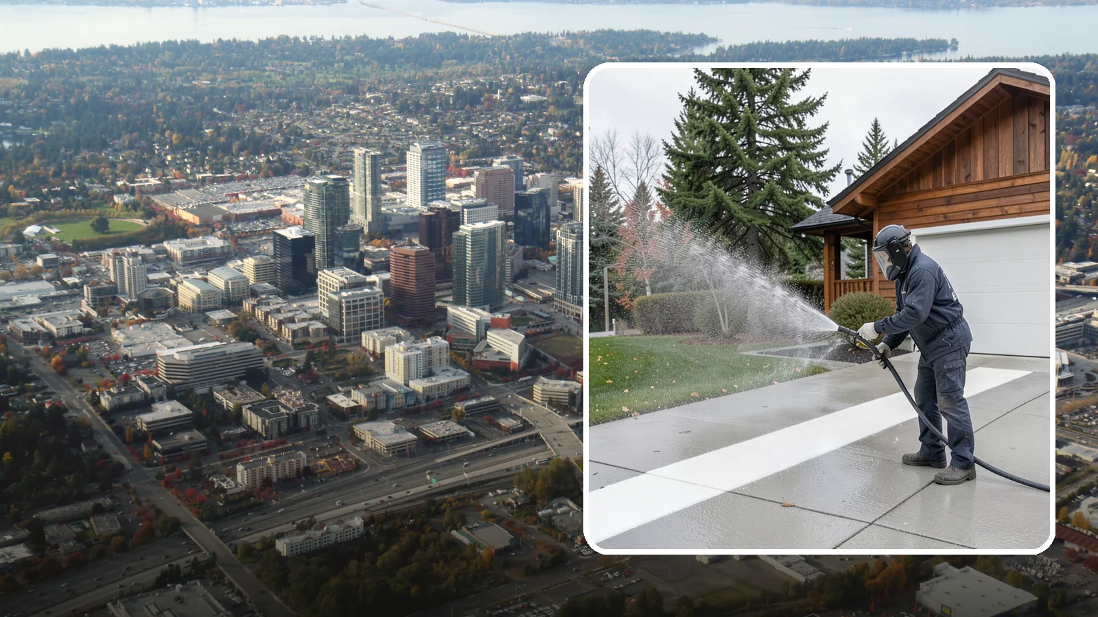 Concrete Brightening in Bellevue, King County, WA - Bring grayed, weathered concrete back to a bright, fresh tone with a post-wash brightening treatment.