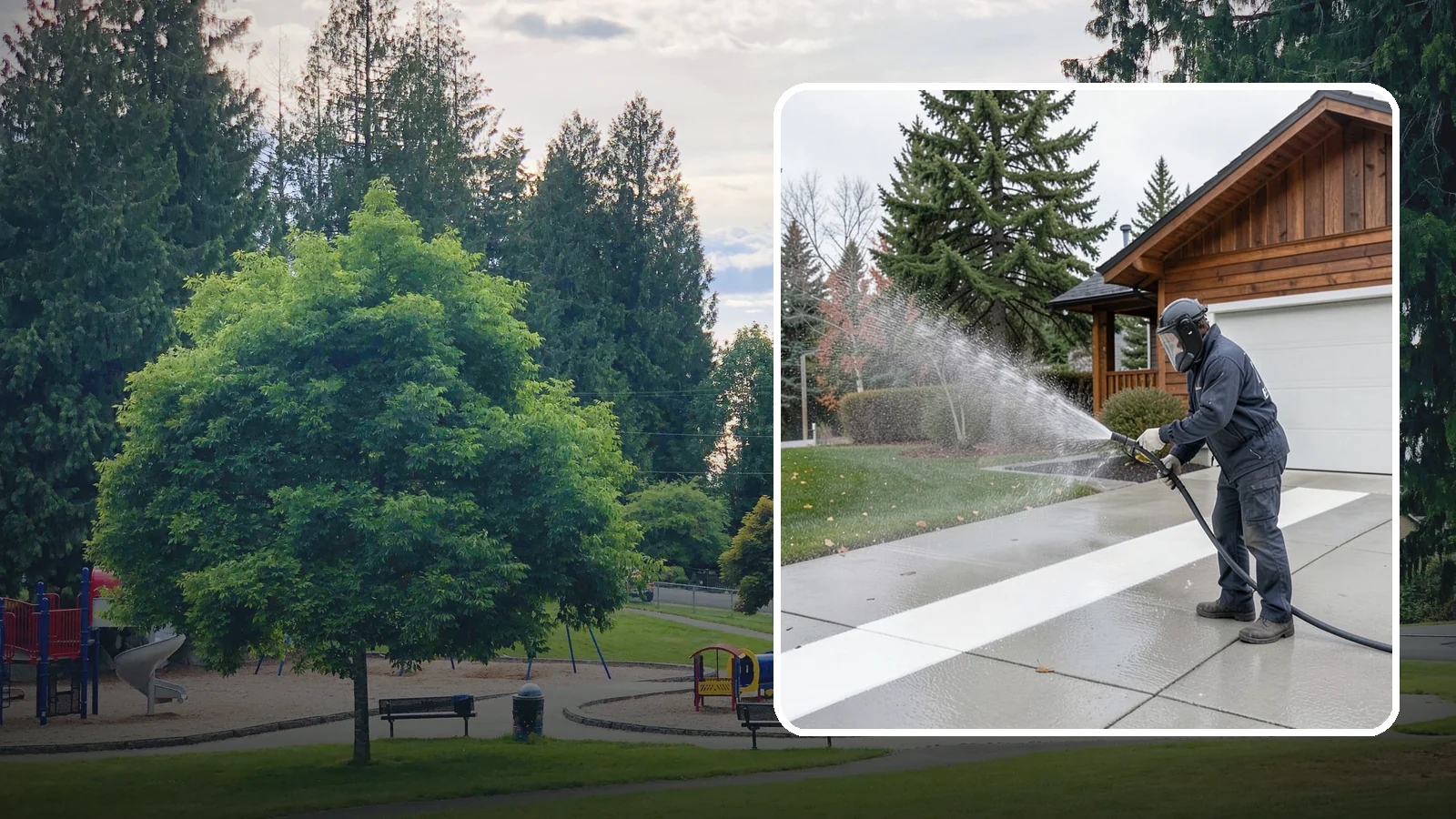Concrete Brightening in Bonney Lake, Pierce County, WA - Bring grayed, weathered concrete back to a bright, fresh tone with a post-wash brightening treatment.