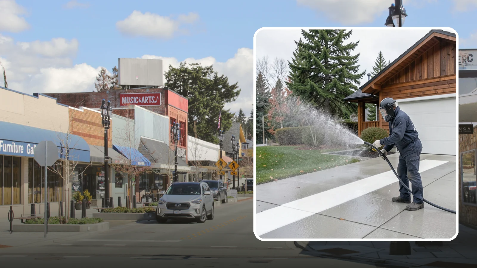 Concrete Brightening in Bothell, King County, WA - Bring grayed, weathered concrete back to a bright, fresh tone with a post-wash brightening treatment.