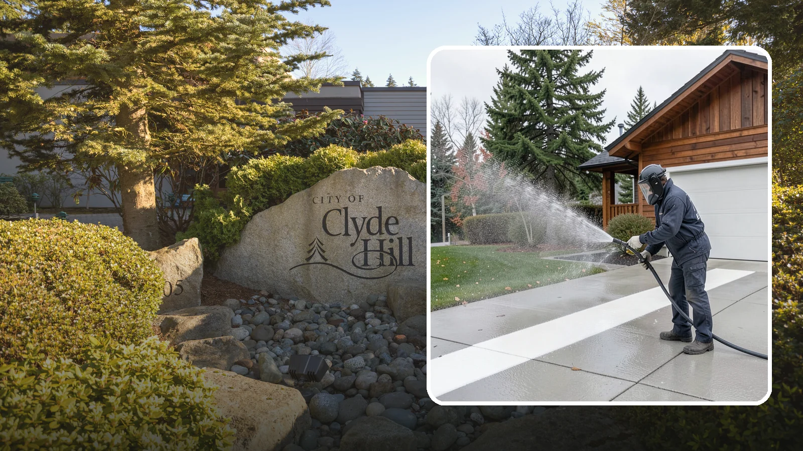Concrete Brightening in Clyde Hill, King County, WA - Bring grayed, weathered concrete back to a bright, fresh tone with a post-wash brightening treatment.