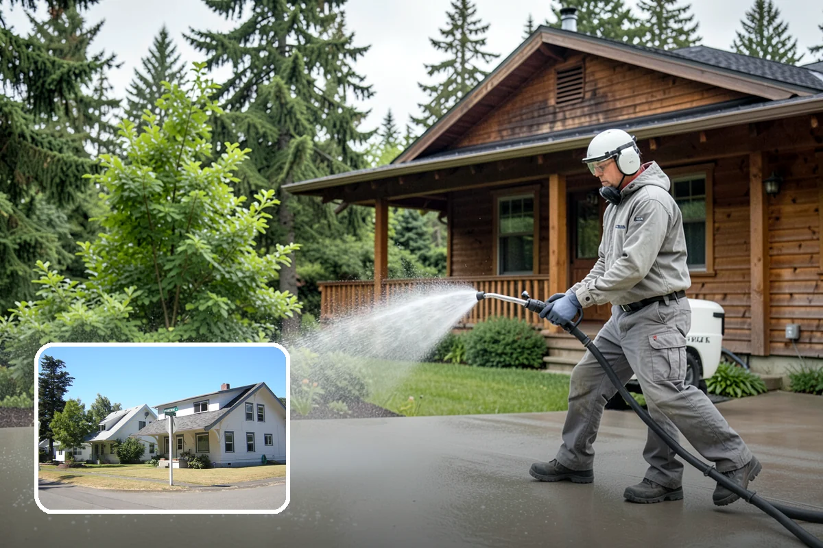 Concrete Brightening in DuPont, Pierce County, WA - Reverses the dull, grayed look caused by years of damp weather