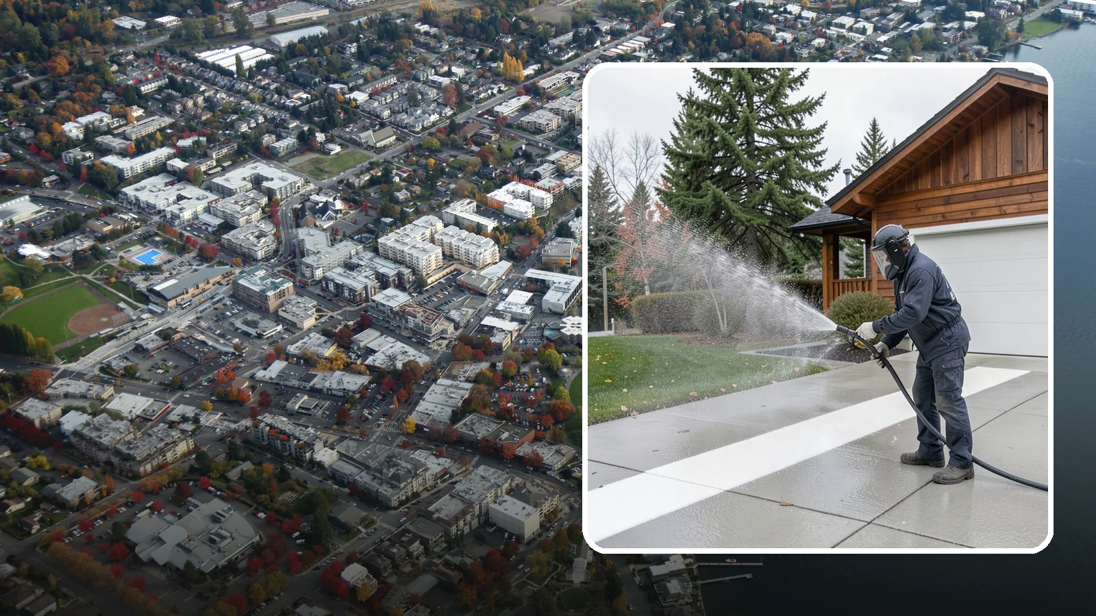 Concrete Brightening in Kirkland, King County, WA - Bring grayed, weathered concrete back to a bright, fresh tone with a post-wash brightening treatment.