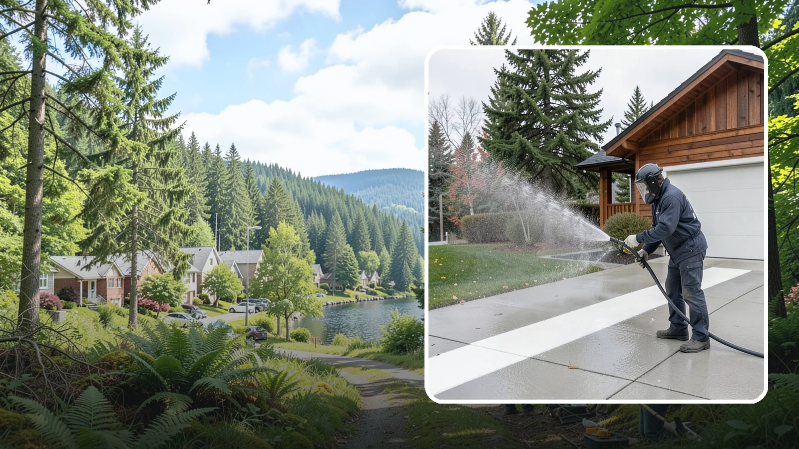 Concrete Brightening in Lake Forest Park, King County, WA - Bring grayed, weathered concrete back to a bright, fresh tone with a post-wash brightening treatment.