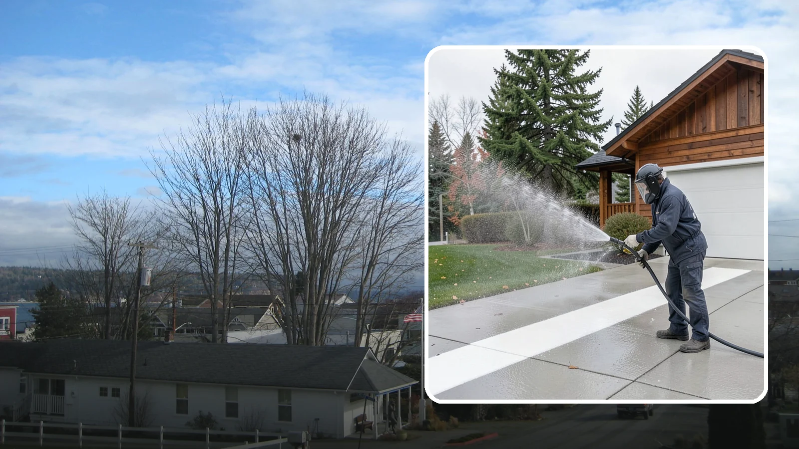 Concrete Brightening in Langley, Island County, WA - Bring grayed, weathered concrete back to a bright, fresh tone with a post-wash brightening treatment.