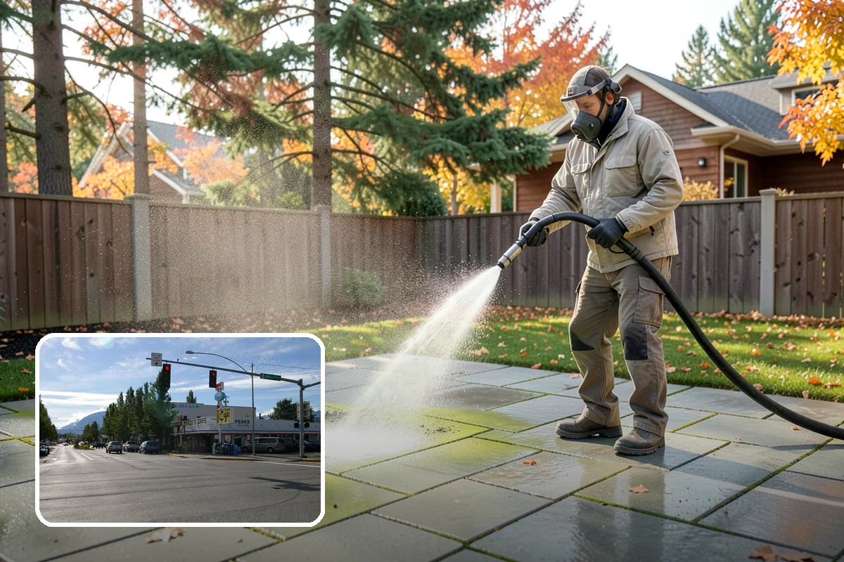 Concrete Brightening in North Bend, King County, WA - Reverses the dull, grayed look caused by years of damp weather