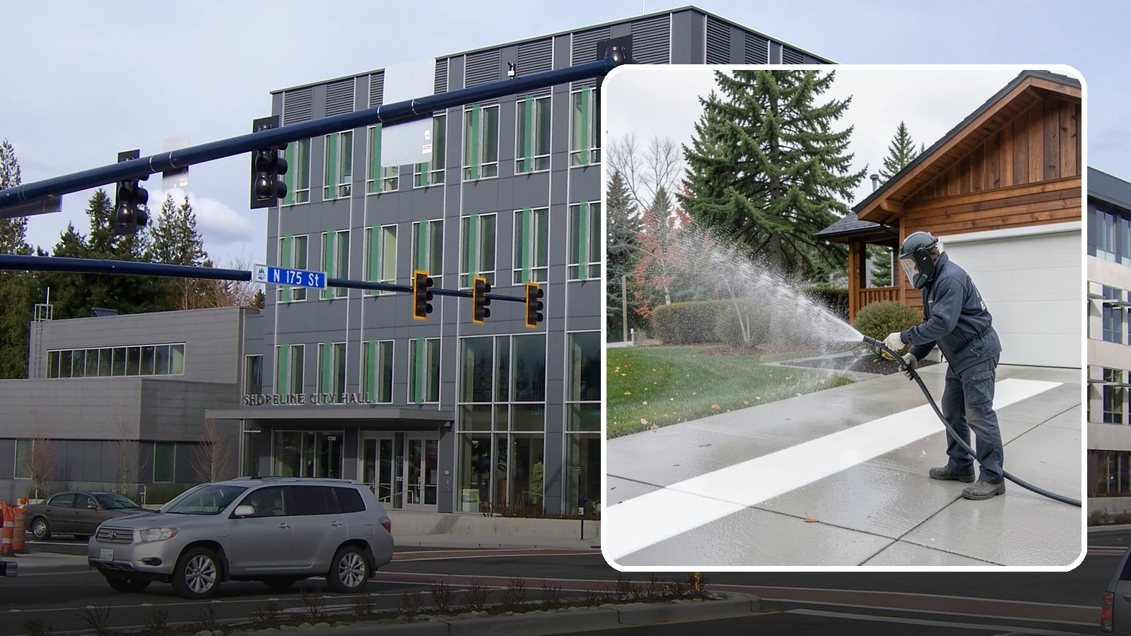 Concrete Brightening in Shoreline, King County, WA - Bring grayed, weathered concrete back to a bright, fresh tone with a post-wash brightening treatment.