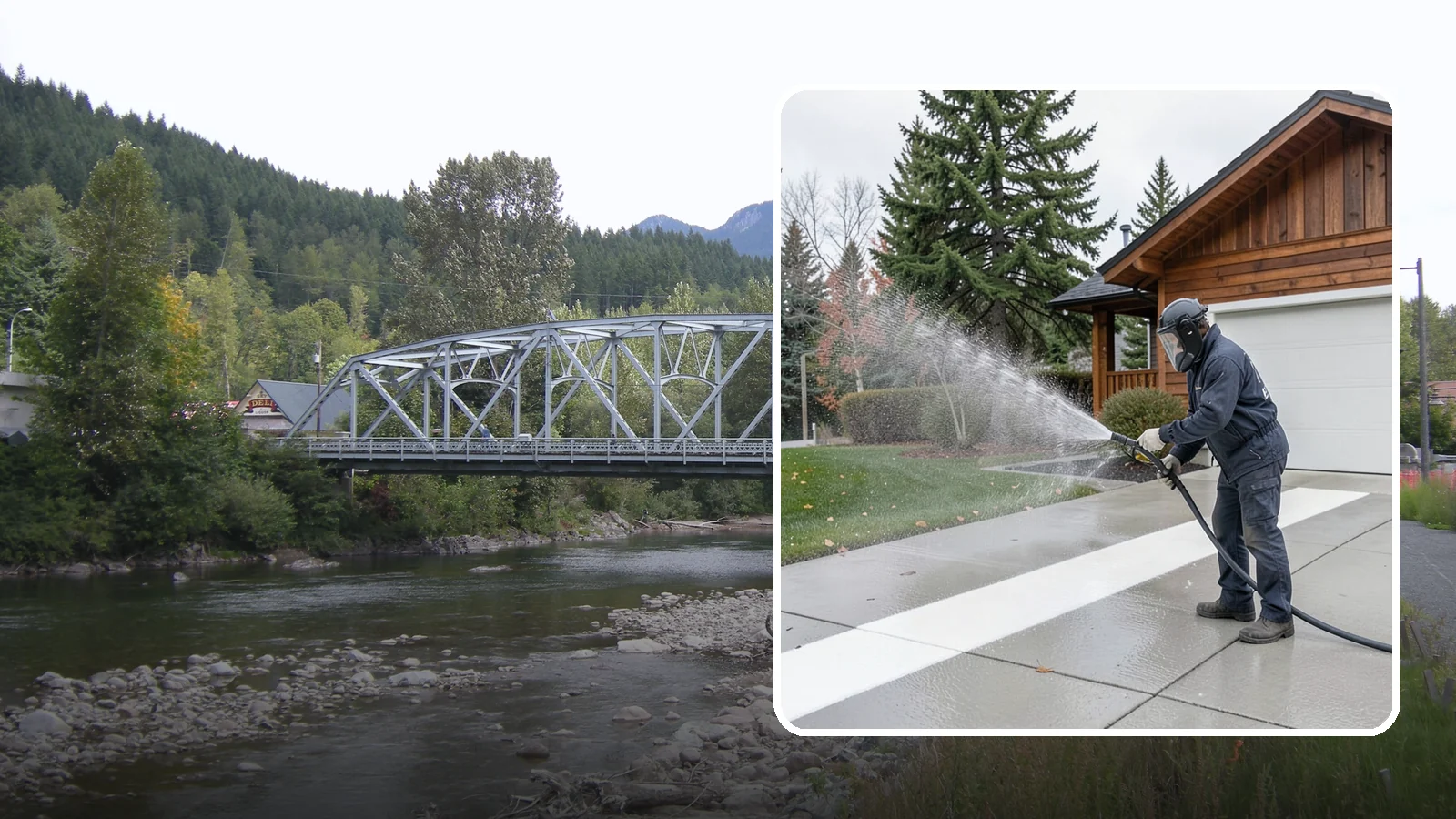 Concrete Brightening in Skykomish, King County, WA - Bring grayed, weathered concrete back to a bright, fresh tone with a post-wash brightening treatment.