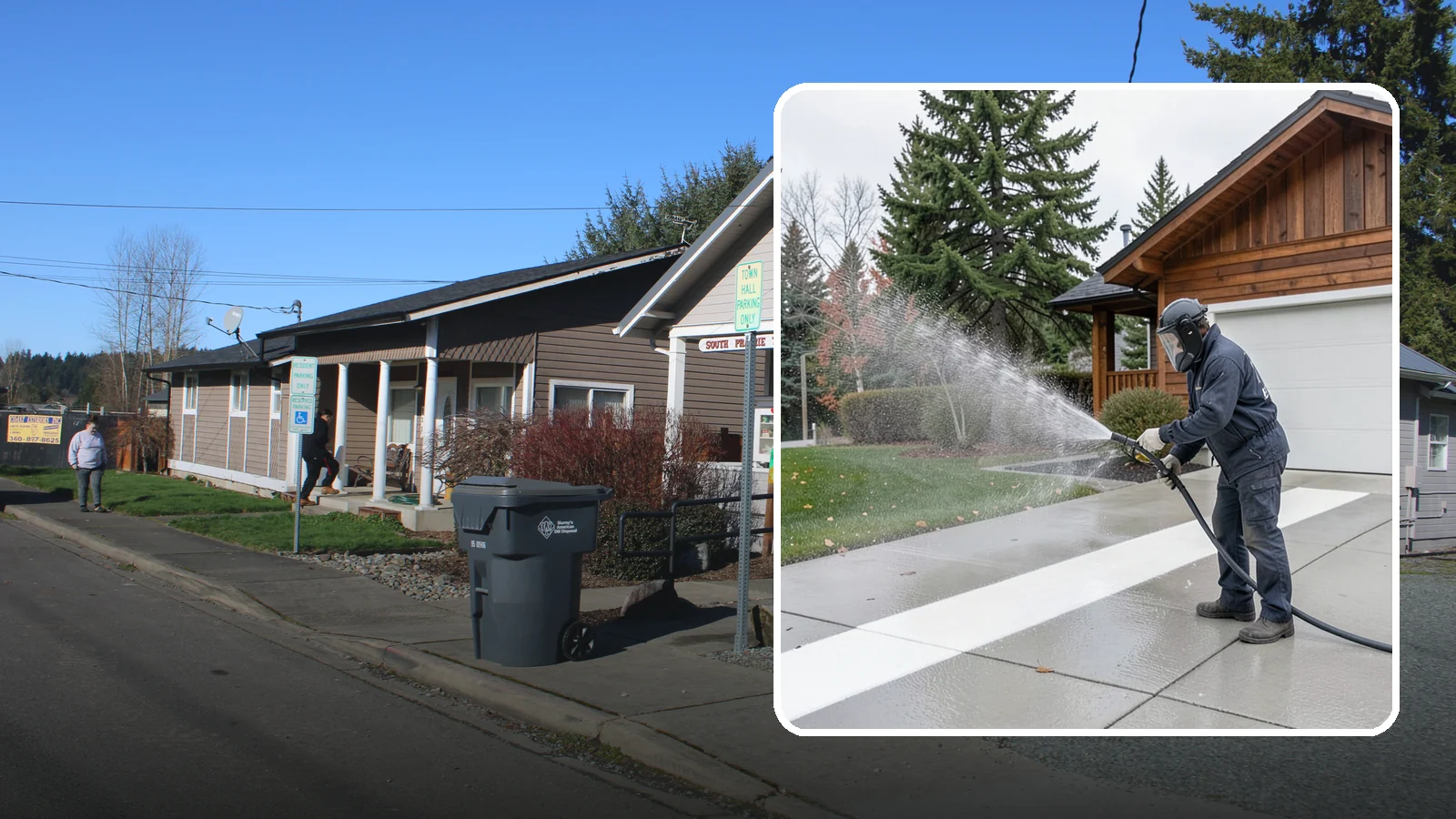 Concrete Brightening in South Prairie, Pierce County, WA - Bring grayed, weathered concrete back to a bright, fresh tone with a post-wash brightening treatment.