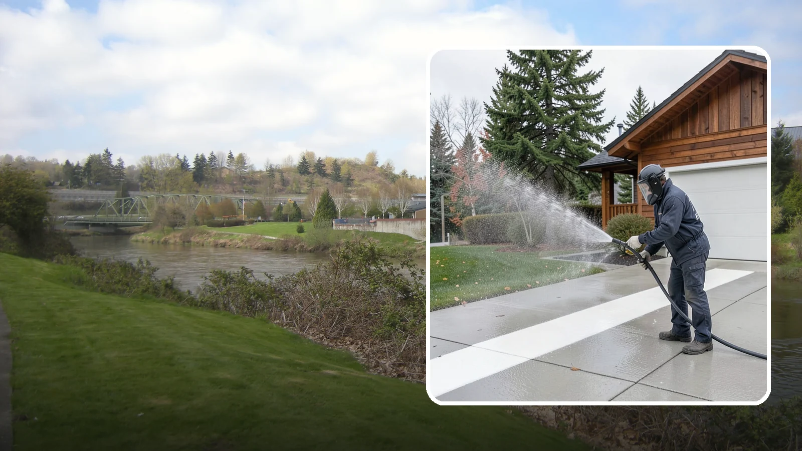 Concrete Brightening in Tukwila, King County, WA - Bring grayed, weathered concrete back to a bright, fresh tone with a post-wash brightening treatment.