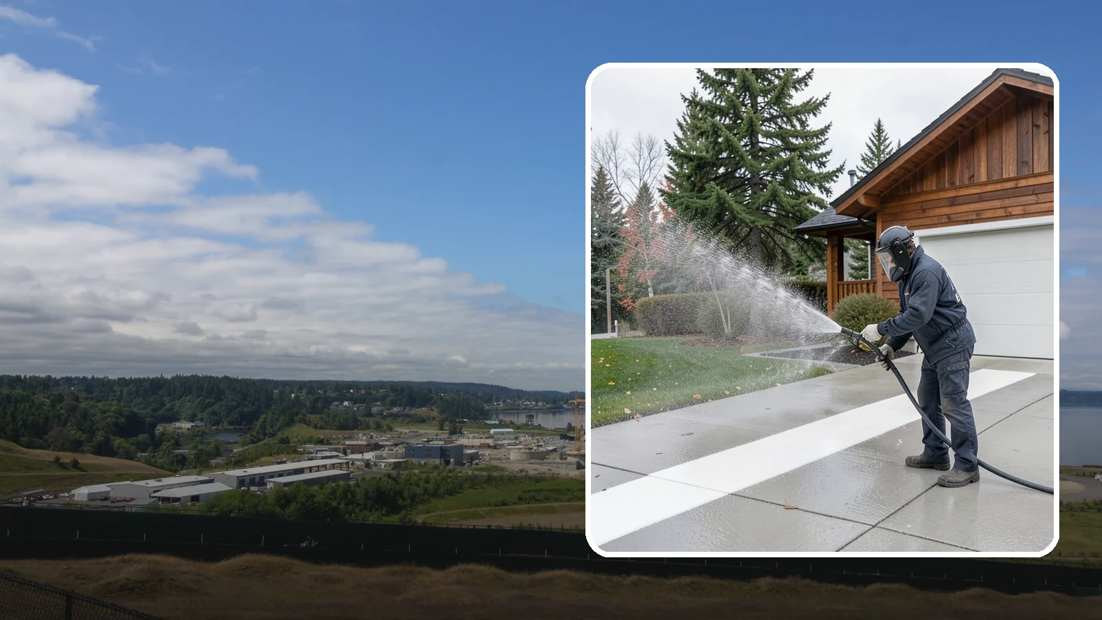 Concrete Brightening in University Place, Pierce County, WA - Bring grayed, weathered concrete back to a bright, fresh tone with a post-wash brightening treatment.